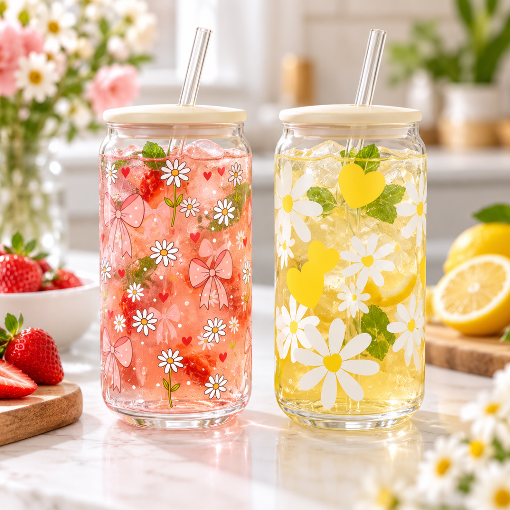 Printed Floral Can Glass - 500ml - Home Phase