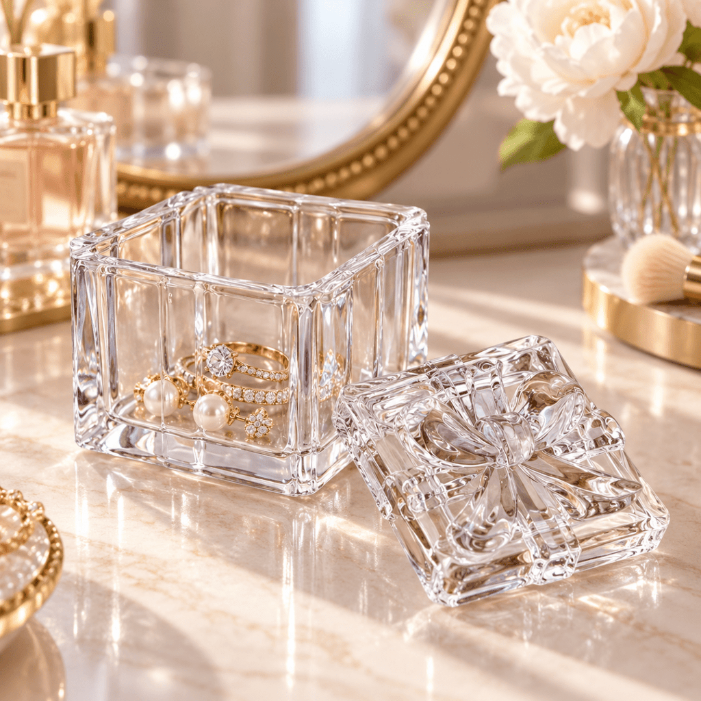 Ribbed Glass Container with Bow Lid – Clear, 6.3 × 6.3 × 6 cm - Home Phase