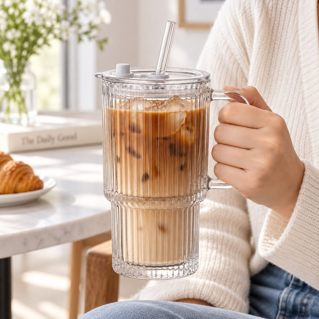 Ribbed Glass Cup With Lid, Straw & Handle - Home Phase
