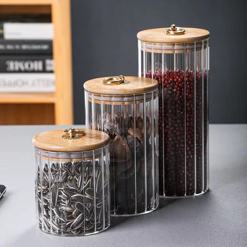 Ribbed glass jar with bamboo lid & gold pull tab - Home Phase