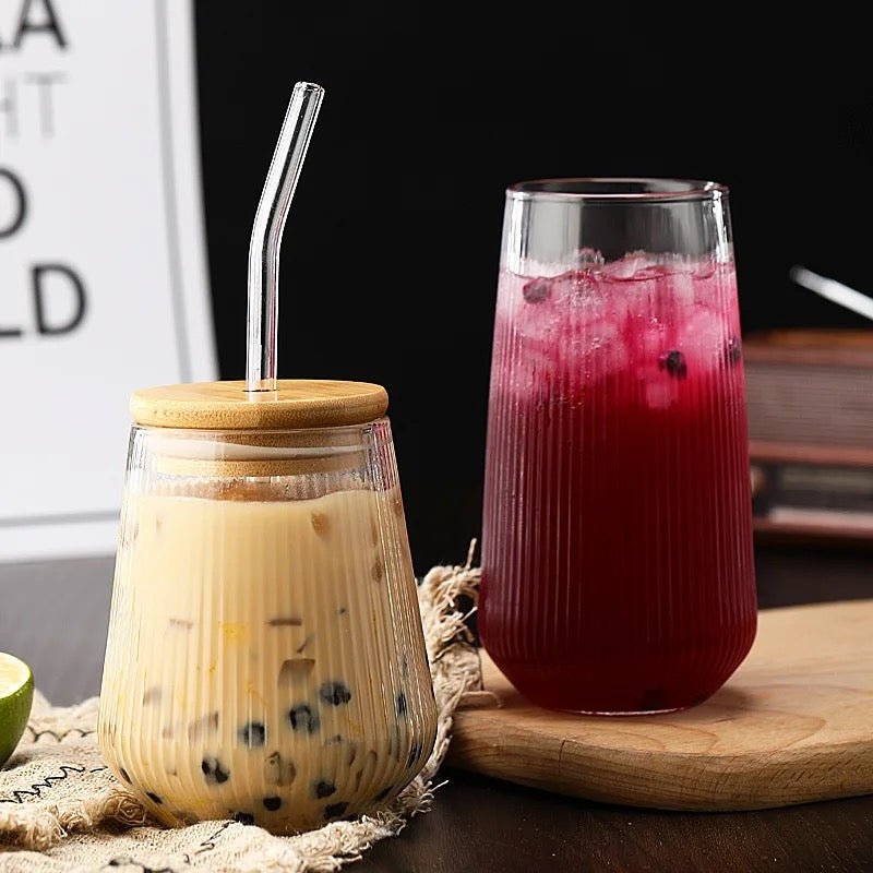 Ribbed Glass With Bamboo Lid & Straw - 430 ml - Style Phase Home