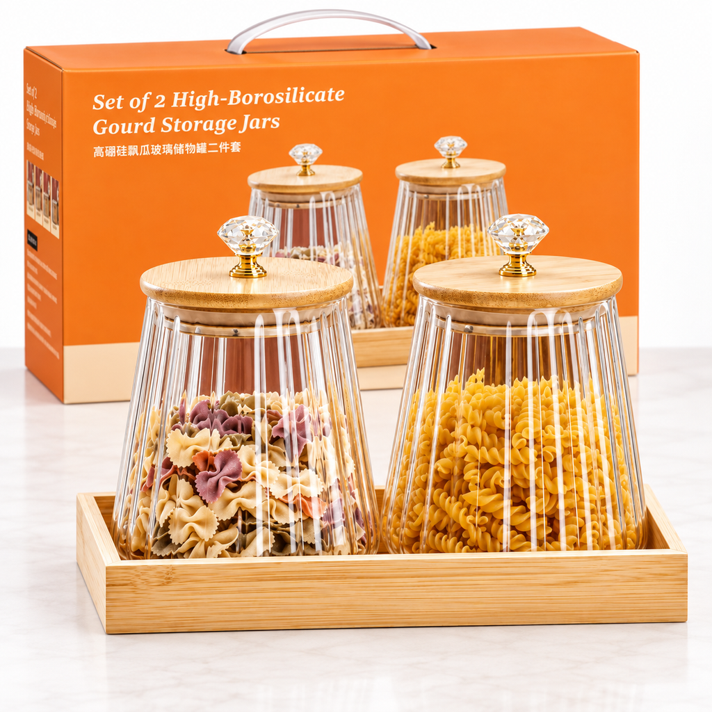 3PC Glass Jar With Bamboo Lid & Crystal Knob + Bamboo Stand