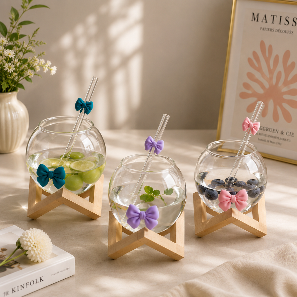 Bow Glass Cup With Straw & Wooden Stand