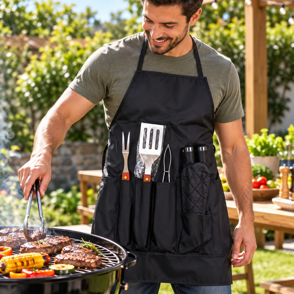 7-Piece Stainless Steel & Wood BBQ Braai Set with Apron