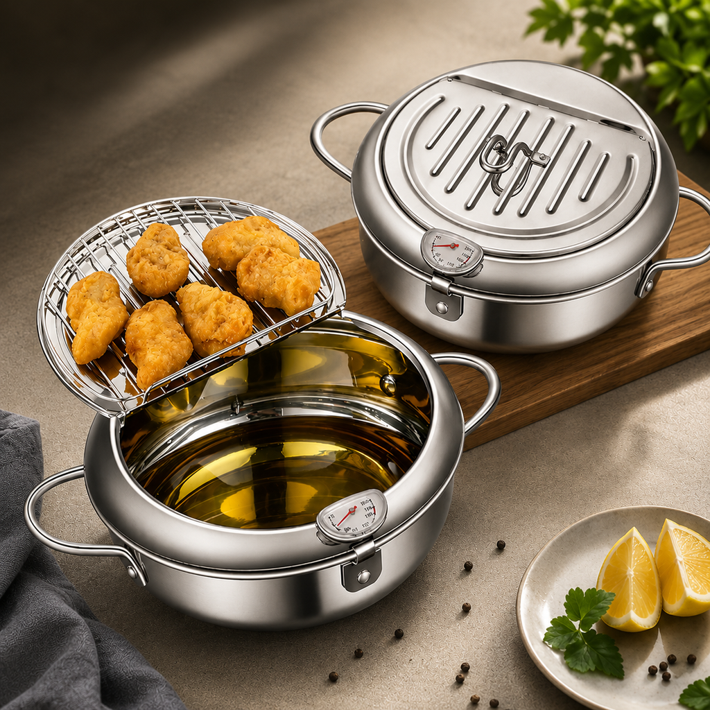 Premium Stainless Steel Frying Pot With Thermometer - 2.2L