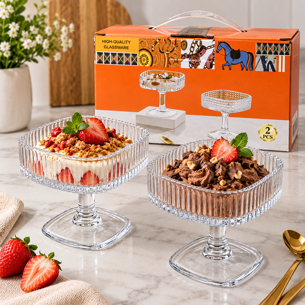 2PC Ribbed Stem Glass Dessert Cup - 160 ml