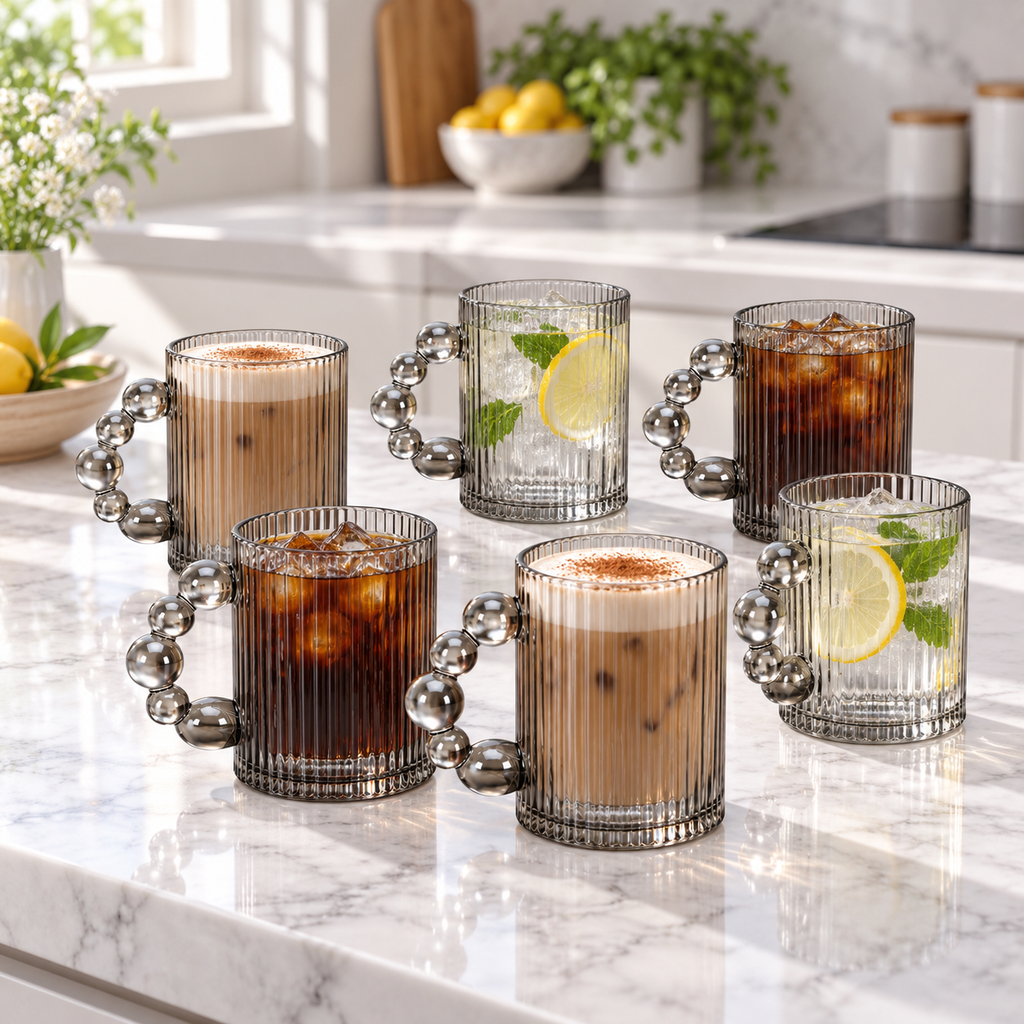 6PC Ribbed Glass With Bubble Handle - 300ml