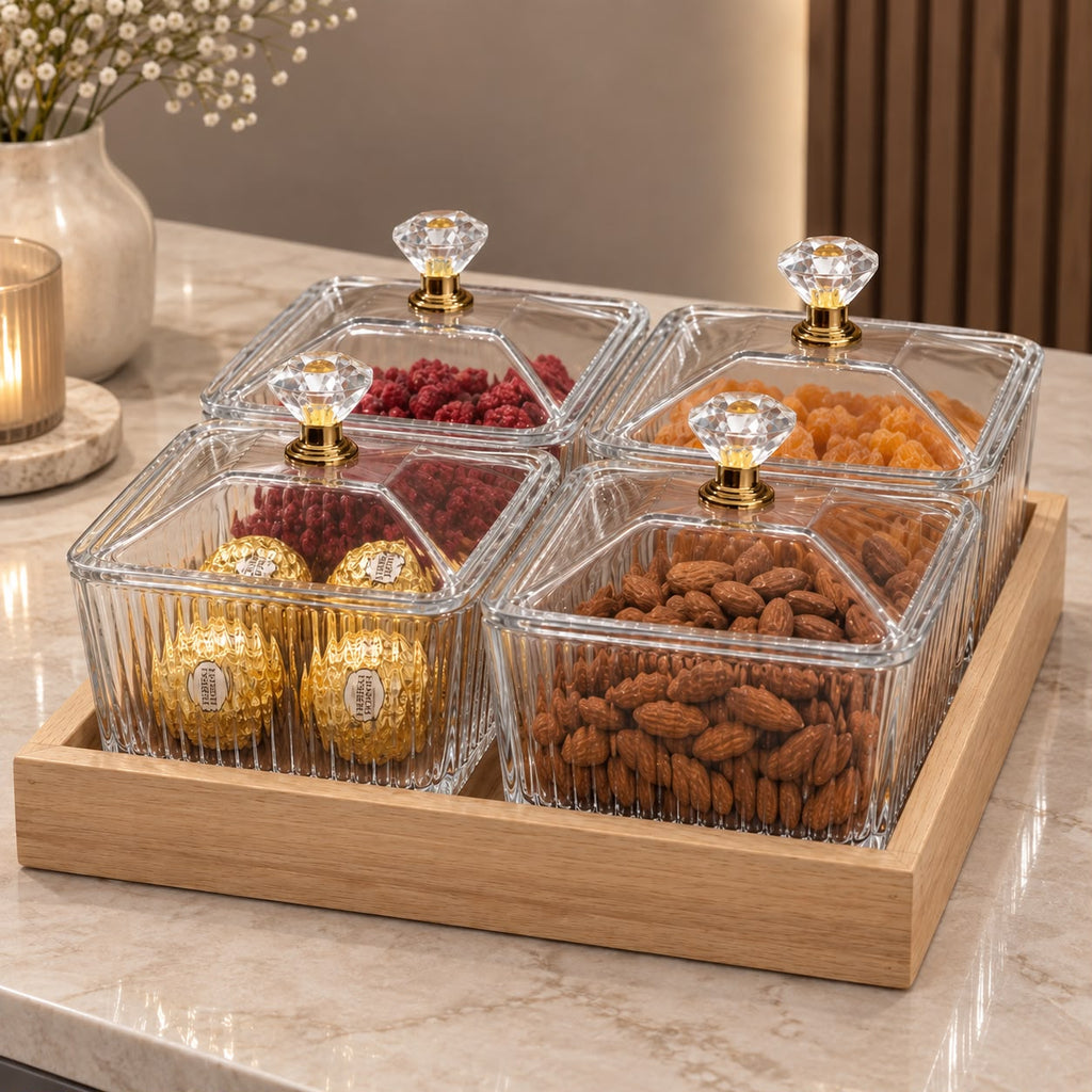 5PC Ribbed Glass Snack Jar Set with Lids and Bamboo Tray - 250ml