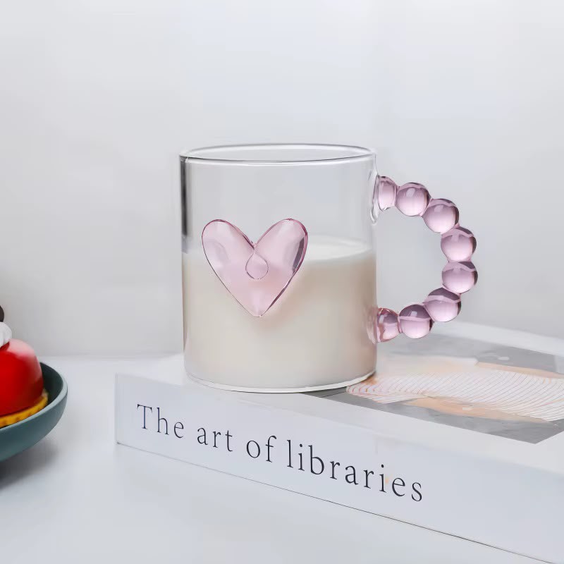 Glass Mug with Pink Heart & Bubble Handle – Clear Decorative Drinking Cup