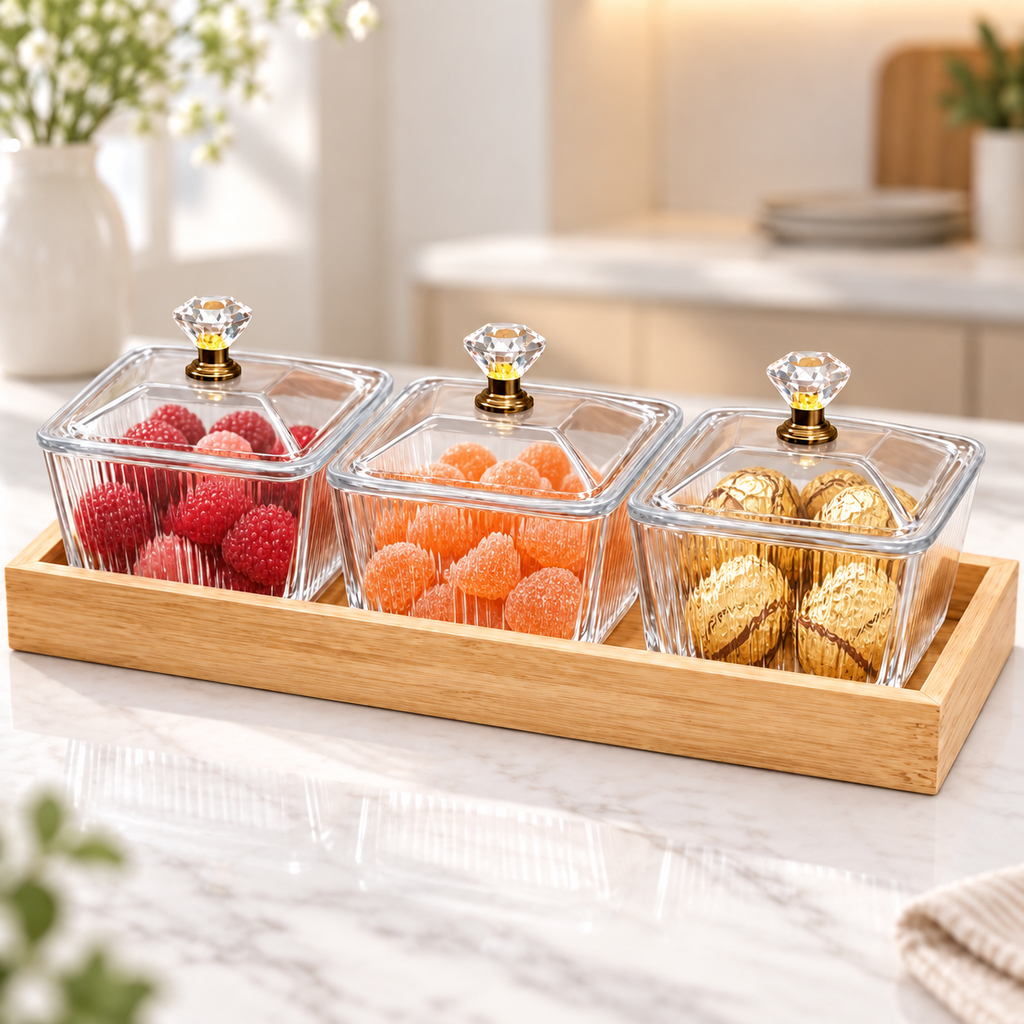 4PC Ribbed Glass Snack Jar Set with Lids and Bamboo Tray - 250ml