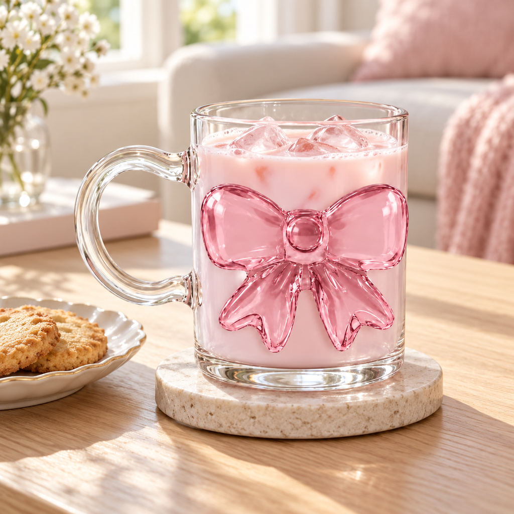Clear Glass Mug with Raised Pink Bow – Decorative Drinking Cup