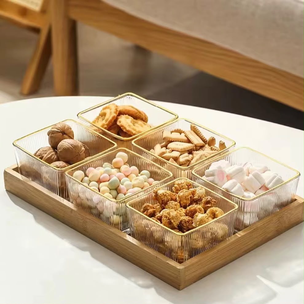 7PC Ribbed Glass Bowl With Gold Rim & Bamboo Serving Tray