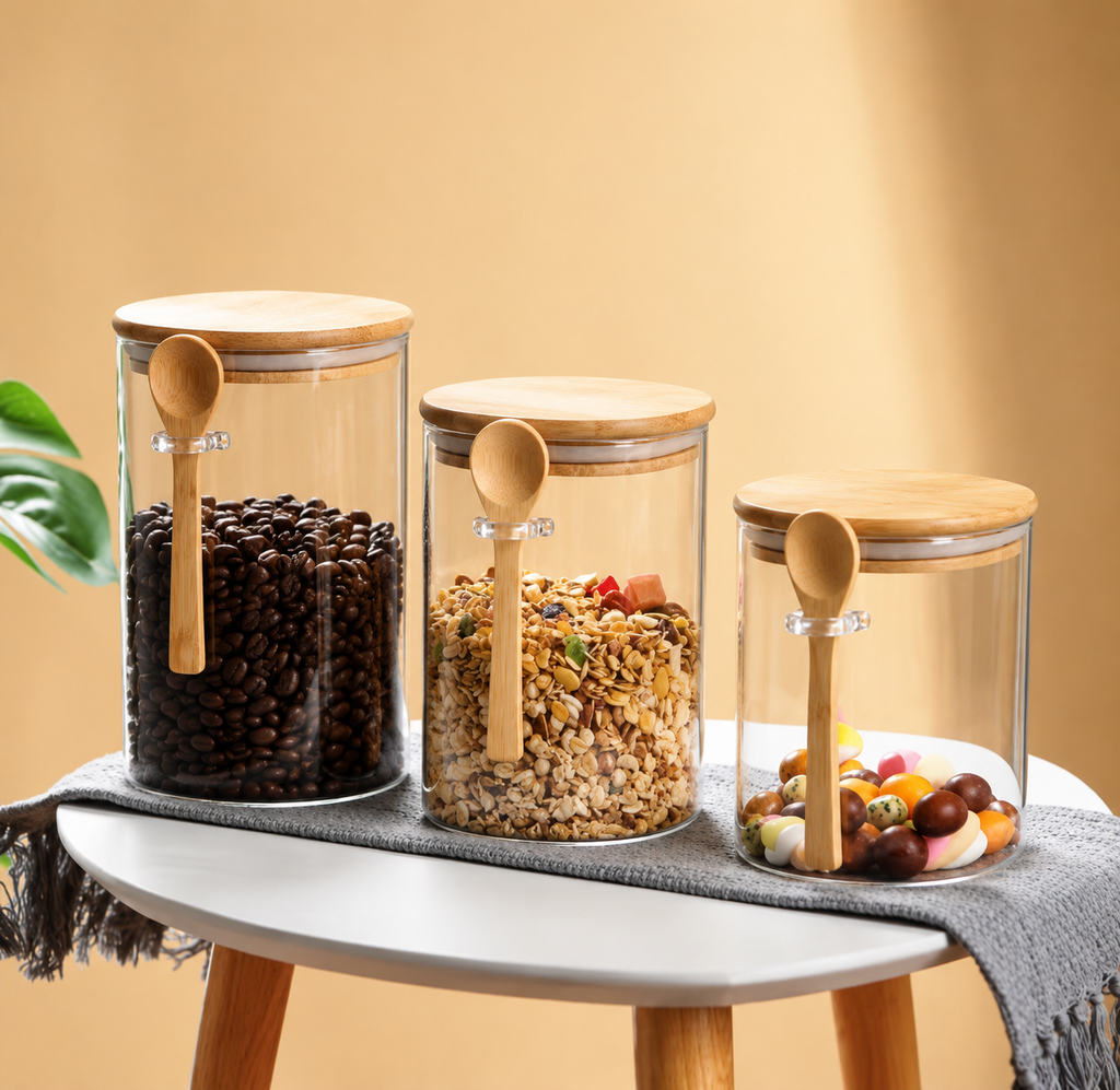 Glass Round Jar With Bamboo Lid & Spoon