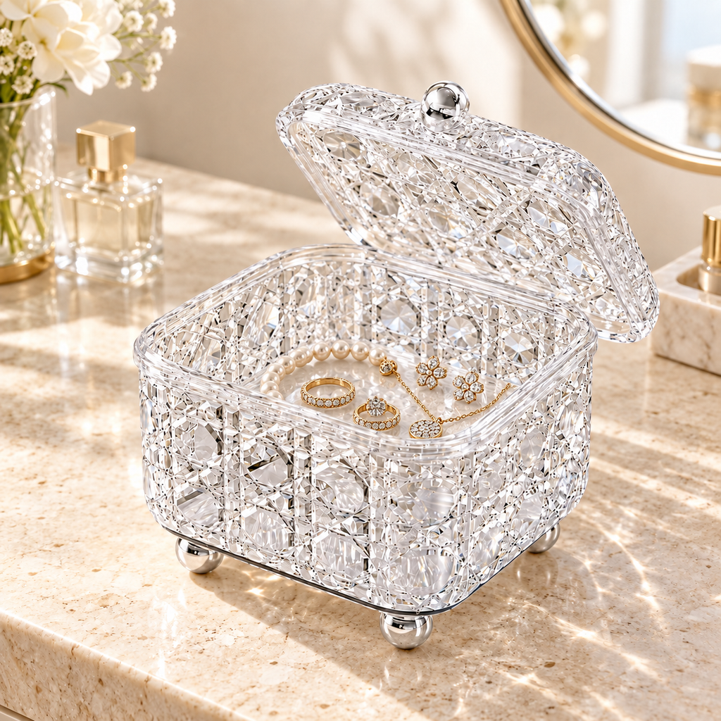 Crystal Style Acrylic Vanity Storage Box with Lid- 15.5 x 16.5 x 12.5 cm