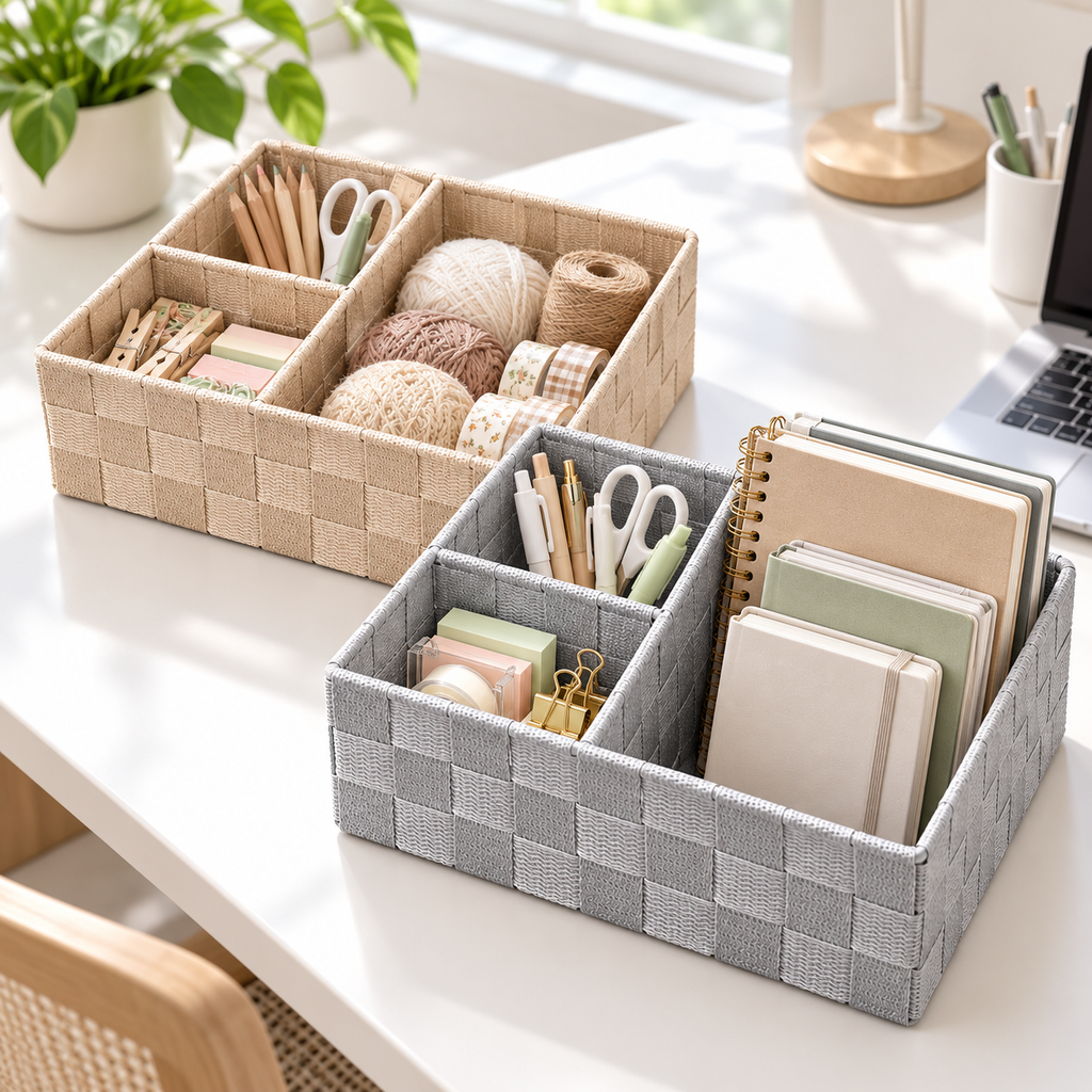 3-Compartment Woven Storage Basket – Desk & Vanity Organiser – 22 × 16 × 9 cm