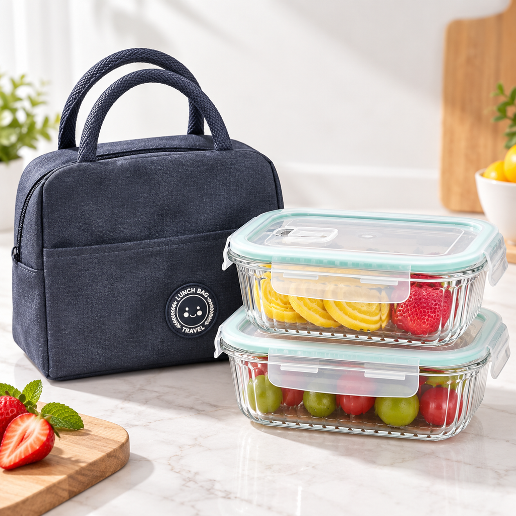 3PC Rectangle Boro Container + Lunchbag 650ml
