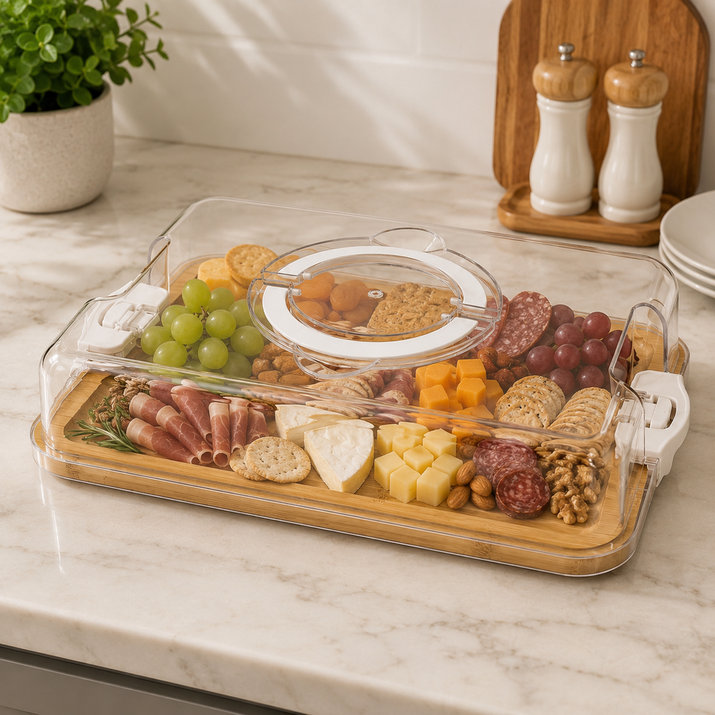 5 Compartment Clip Top Bamboo & Acrylic Snack Box