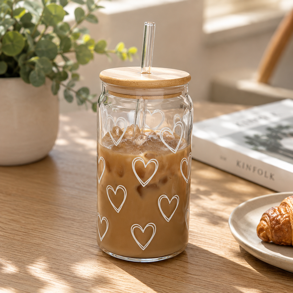 Heart Can Glass With Bamboo Lid and Straw - 450 ml