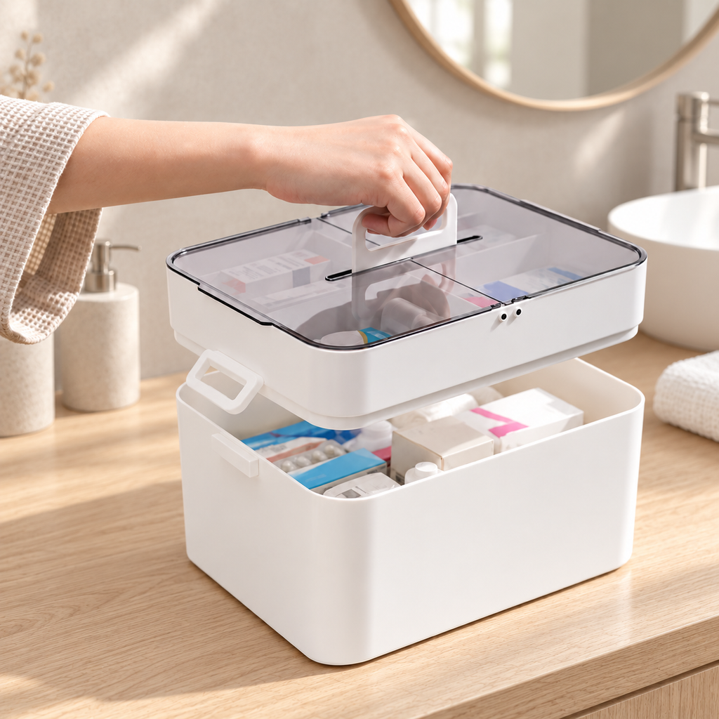 2-Tier Medicine Storage Box with Carry Handle