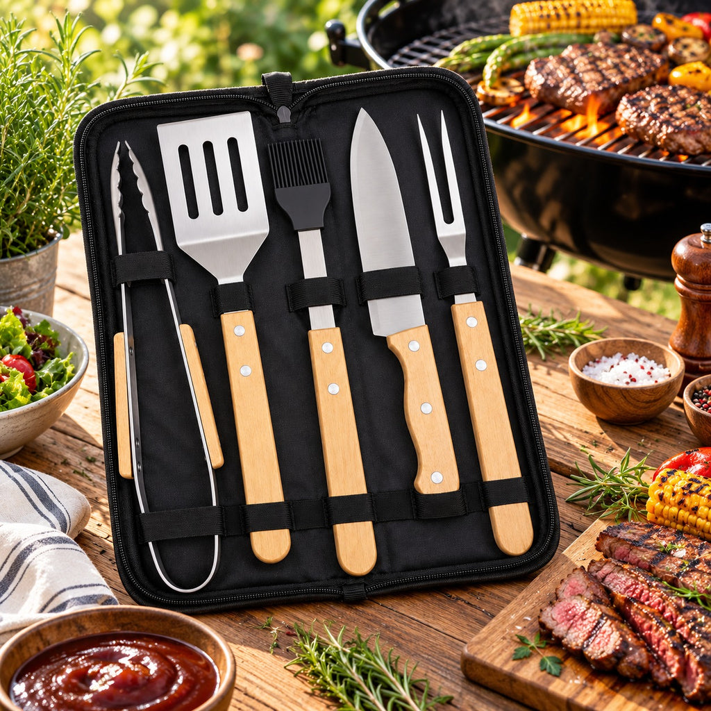 5-Piece Stainless Steel & Wood BBQ Braai Set