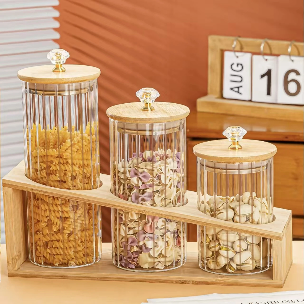 3+1 Glass Jar With Bamboo Lid & Crystal Knob + Bamboo Stand 880ml