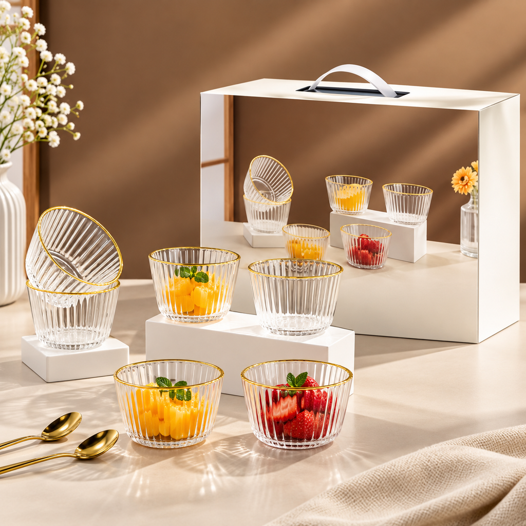 6 Piece Ribbed Glass Bowl With Gold Rim - 400 ml