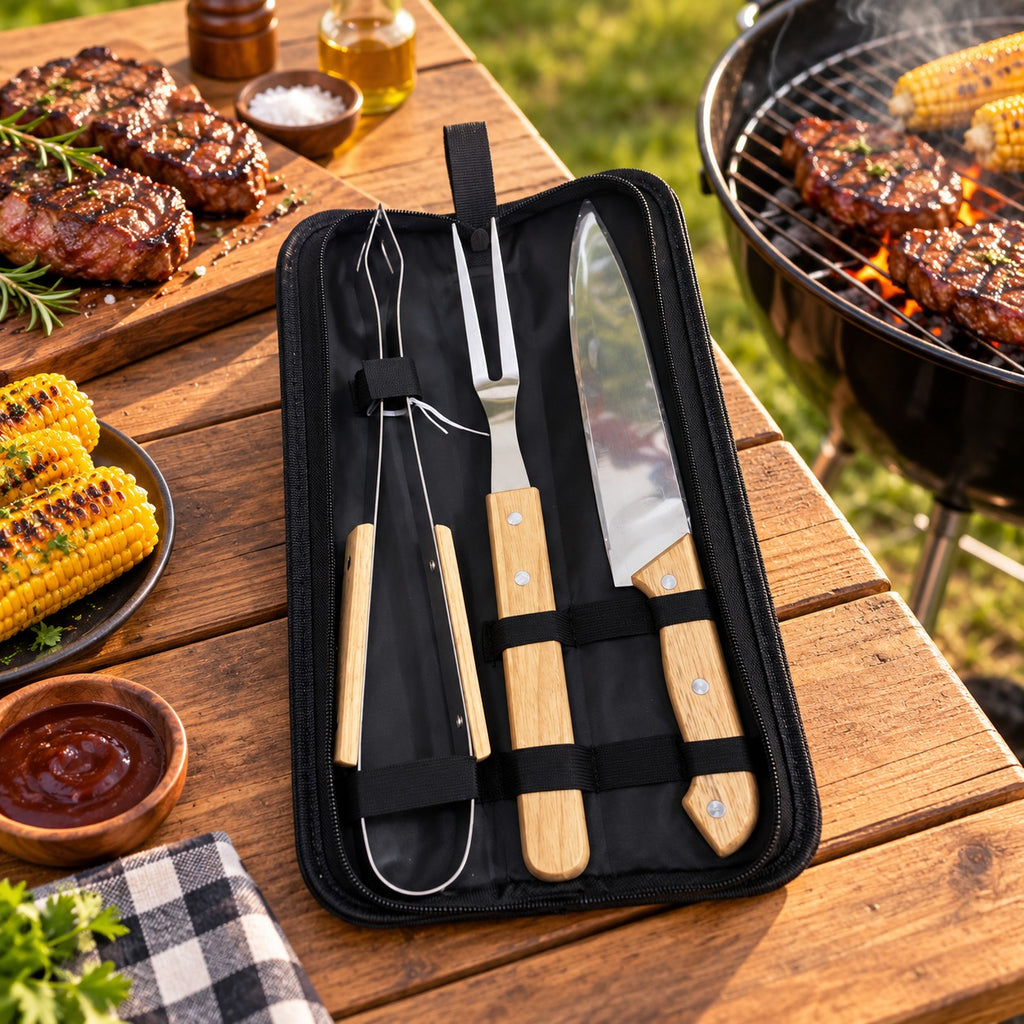 3-Piece Stainless Steel & Wood BBQ Braai Set