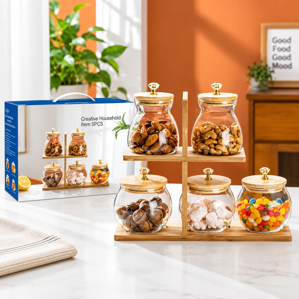 5+1 Glass Jar With Bamboo Lid + Bamboo Stand - 480/550ml