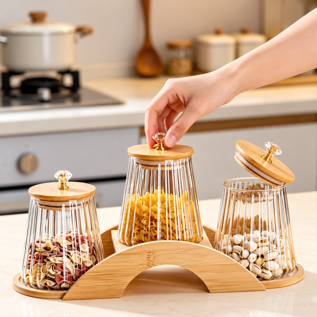 4PC Glass Ribbef Jar With Bamboo Lid & Crystal Knob + Bridge Bamboo Stand