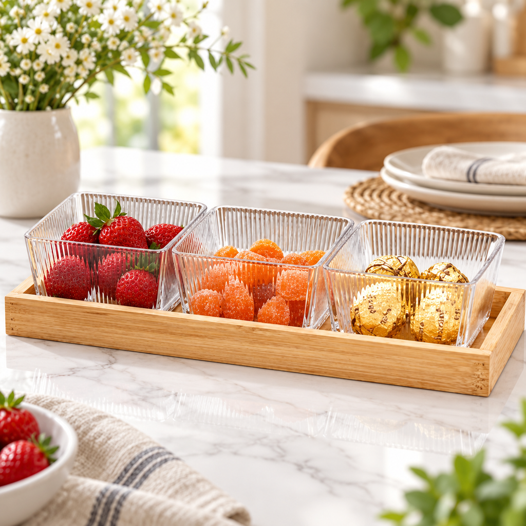 4PC Ribbed Glass Serving Bowl Set with Bamboo Tray – 250 ml