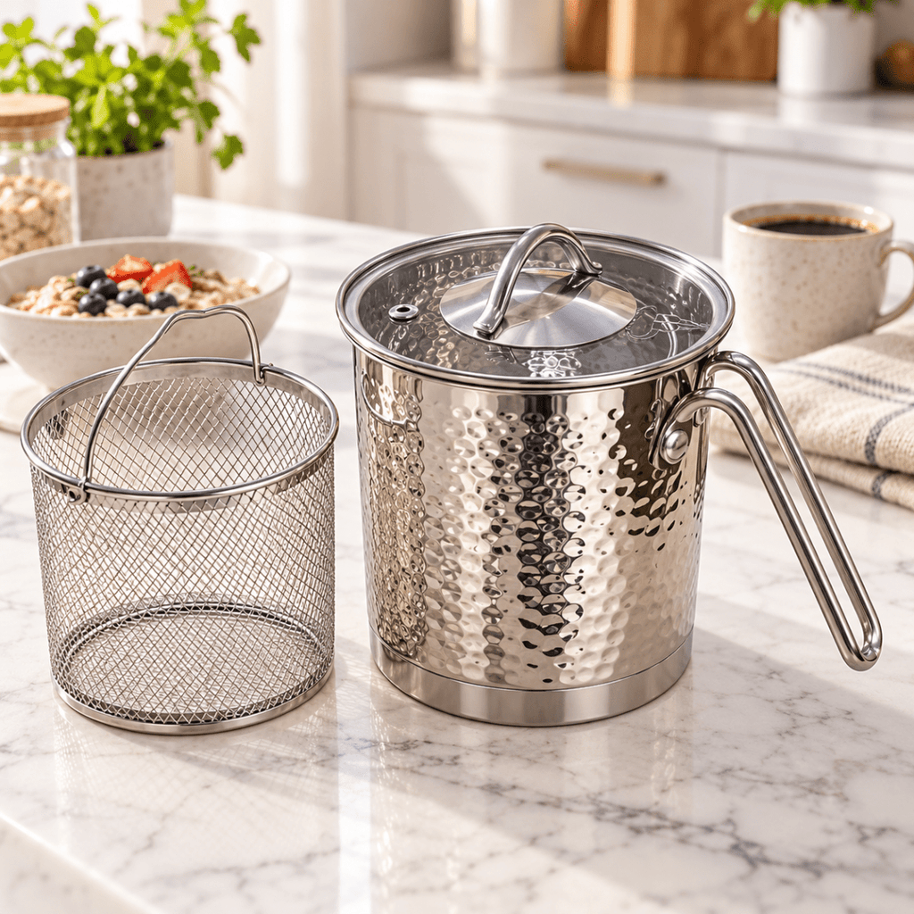 Rolux Hammered Stainless Steel Milk Pot with Glass Lid & Removable Basket – 1.8L, 14 × 12 cm - Home Phase
