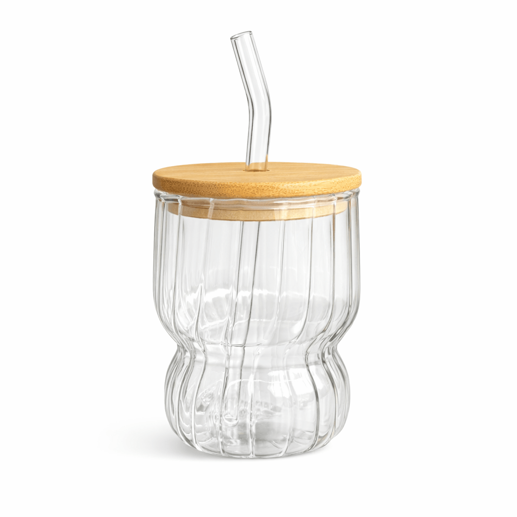Round Ribbed Glass With Bamboo Lid And Glass Straw - Home Phase