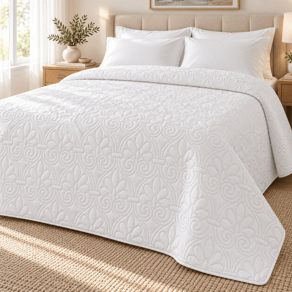 Royal Scroll Design White Micro Satin Quilt - 220 x 230 - Home Phase