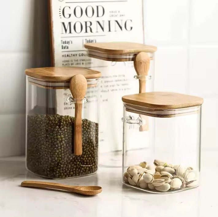 Square Glass Jar With Bamboo Spoon - Home Phase