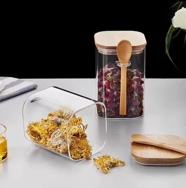 Square Glass Jar With Bamboo Spoon – Home Phase