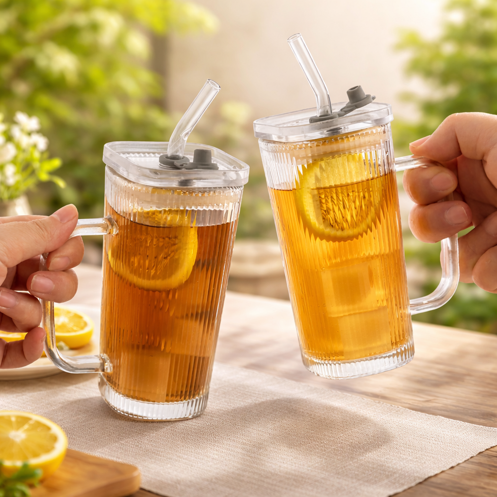Square Ribbed Glass Cup With Lid - 380ml - Home Phase